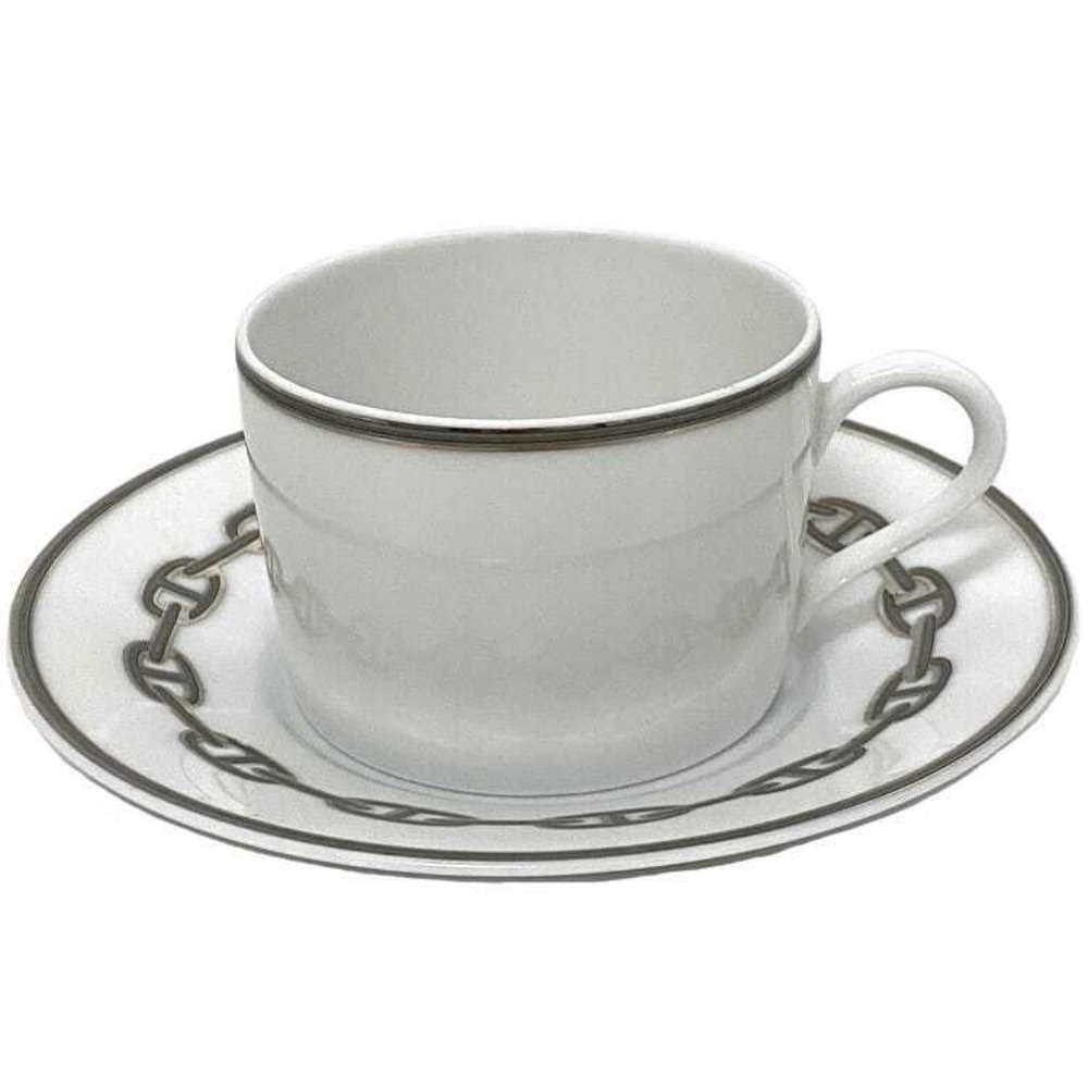 HERMES PARIS Chaine d'Ancre Platinum Tea Cup & Saucer Porcelain No Box